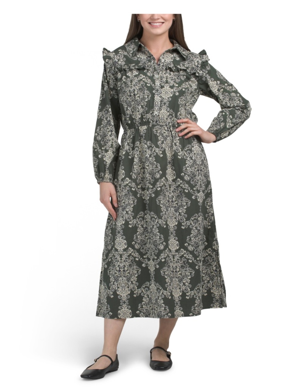 Lea Green Printed Ruffle Collar Maxi Dress Pockets Size Medium Summer Vacation